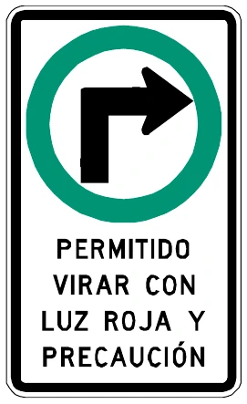 Señal Permitido virar a la derecha con luz roja
